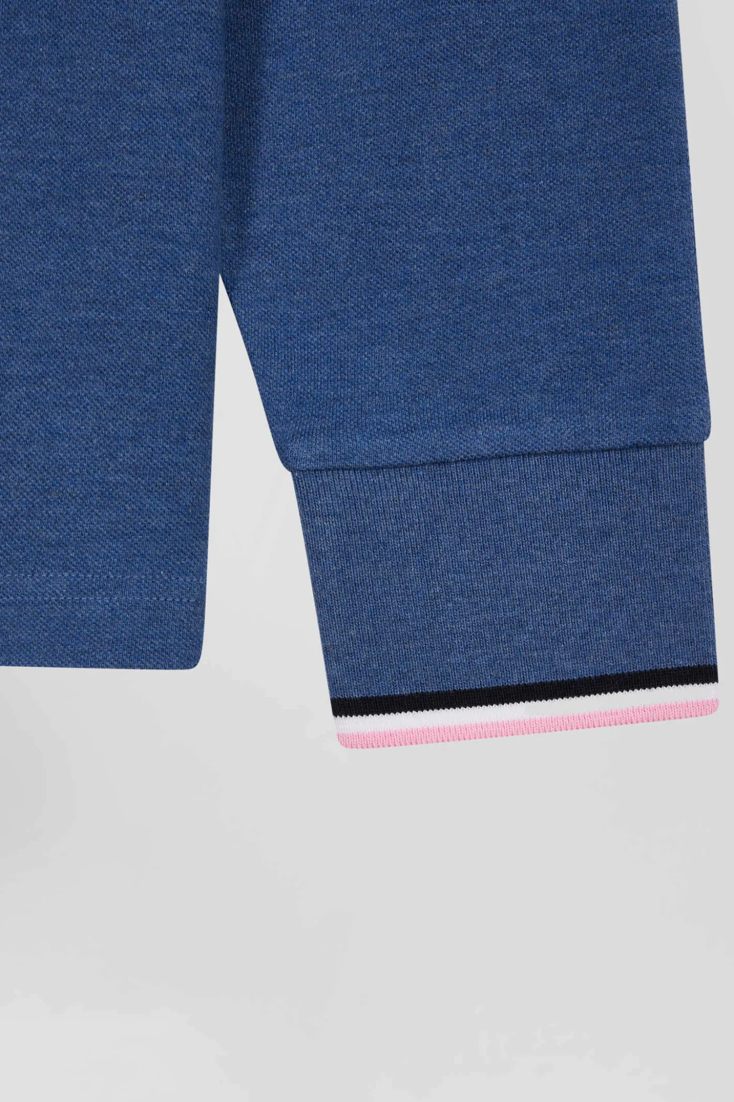 Regular dark blue long-sleeved cotton piqué polo shirt with tricolor details