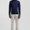 Regular dark blue semi-zipped wool and cotton jumper