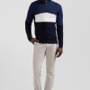 Regular dark blue semi-zipped cotton jumper with knit patterns