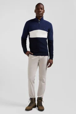 Regular dark blue semi-zipped cotton jumper with knit patterns