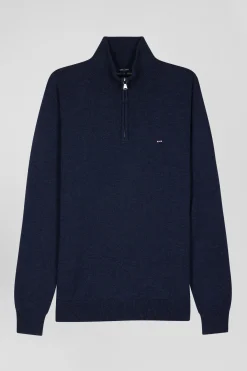 Regular dark blue semi-zipped wool and cotton jumper