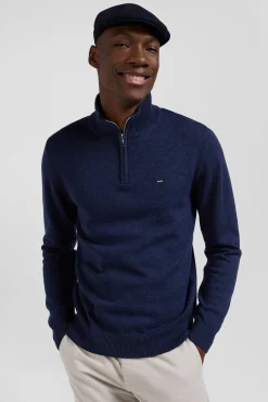 Regular dark blue semi-zipped wool and cotton jumper