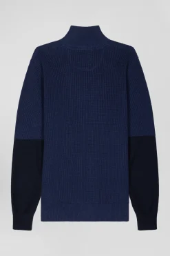 Regular dark blue semi-zipped cotton jumper with knit patterns