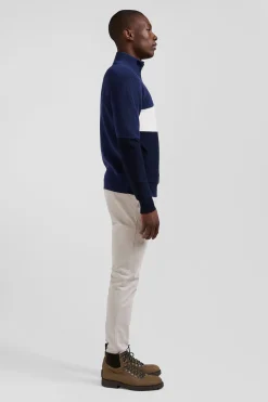 Regular dark blue semi-zipped cotton jumper with knit patterns