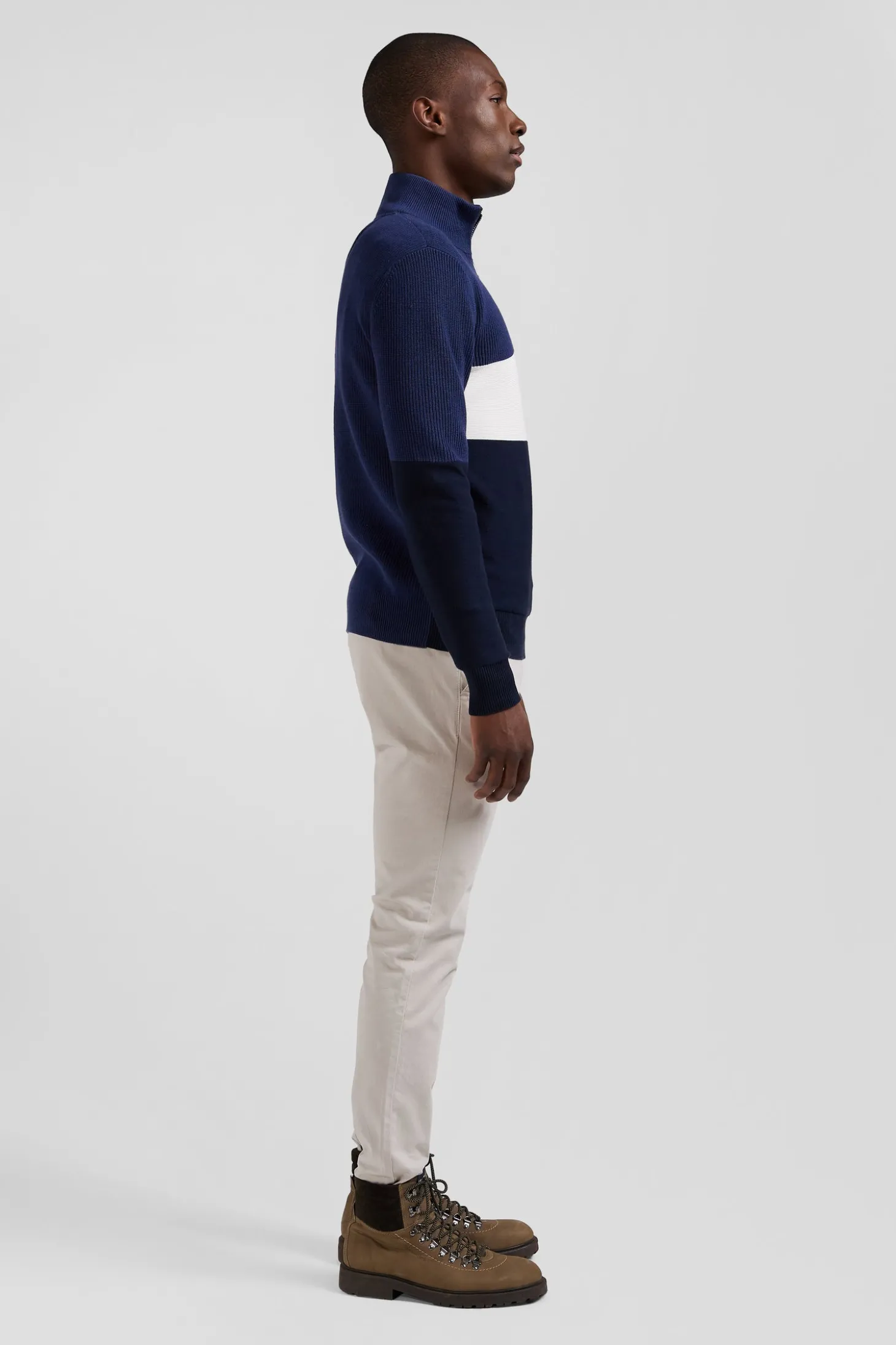 Regular dark blue semi-zipped cotton jumper with knit patterns