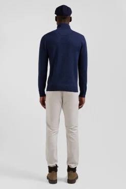 Regular dark blue semi-zipped wool and cotton jumper