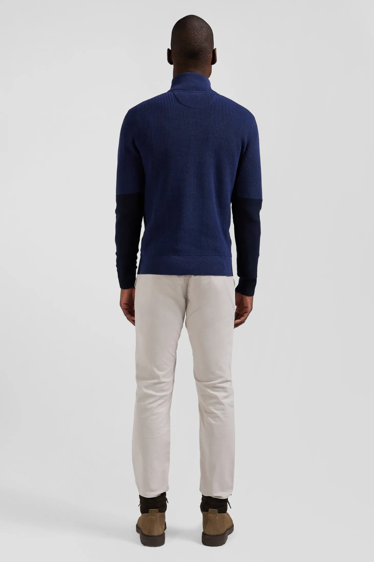 Regular dark blue semi-zipped cotton jumper with knit patterns