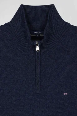 Regular dark blue semi-zipped wool and cotton jumper