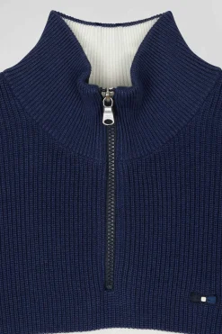 Regular dark blue semi-zipped cotton jumper with knit patterns