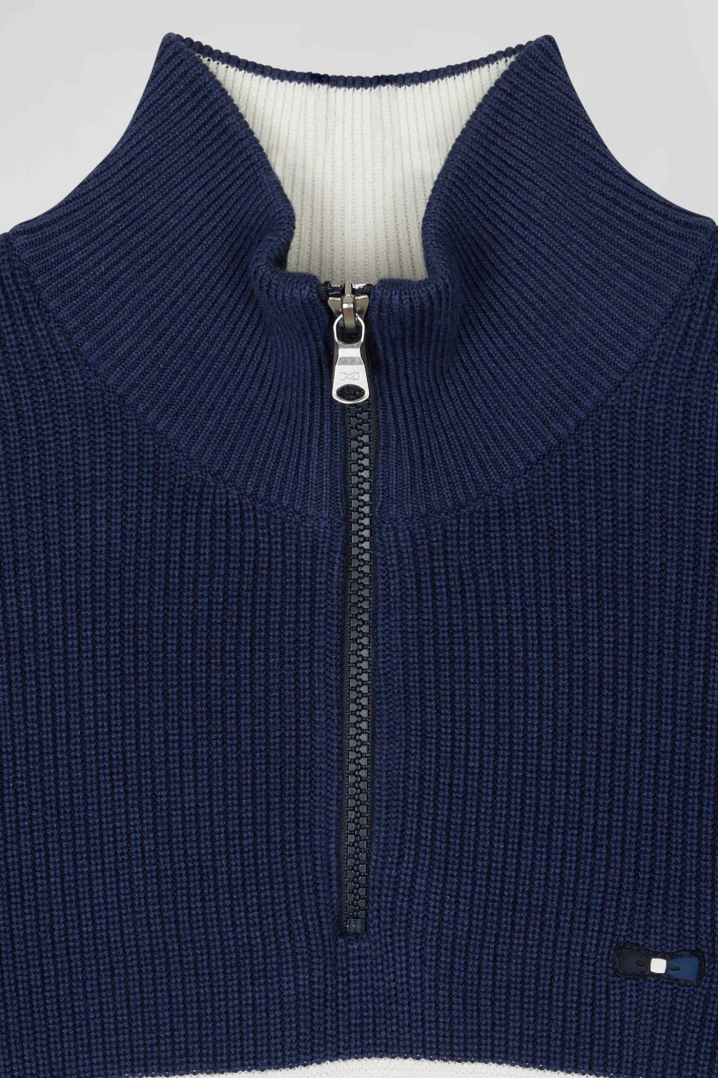 Regular dark blue semi-zipped cotton jumper with knit patterns