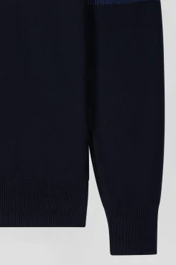 Regular dark blue semi-zipped cotton jumper with knit patterns