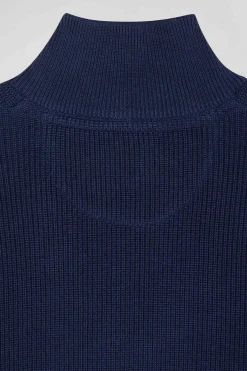 Regular dark blue semi-zipped cotton jumper with knit patterns