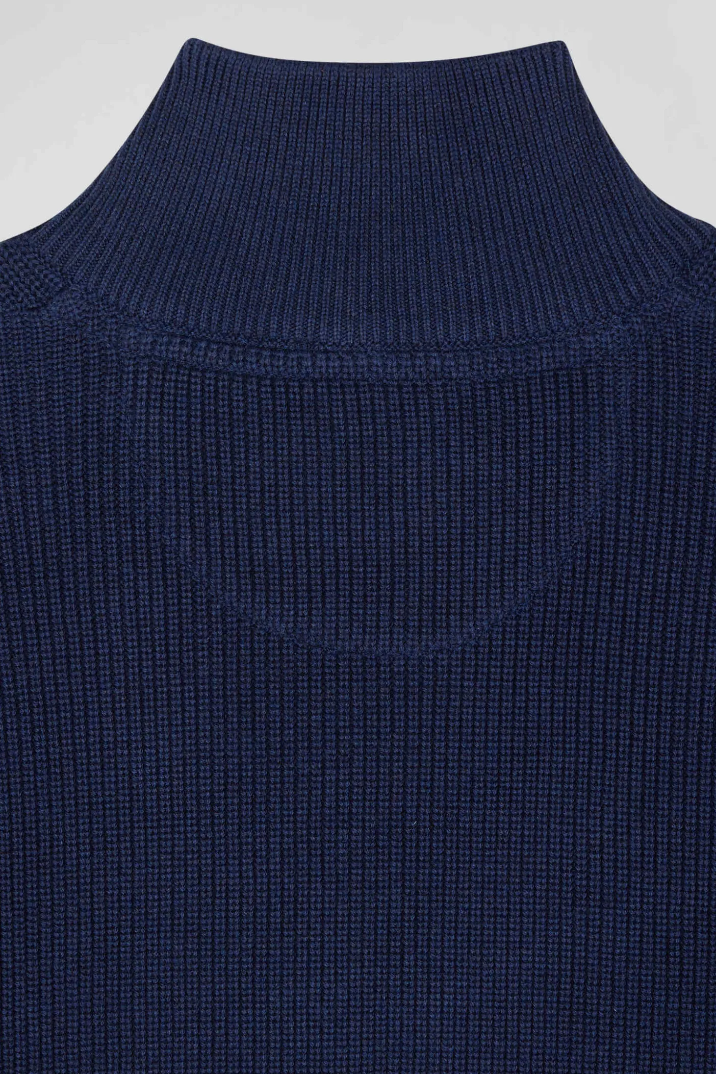 Regular dark blue semi-zipped cotton jumper with knit patterns