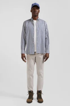 Regular dark blue striped cotton poplin shirt