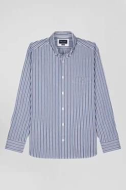 Regular dark blue striped cotton poplin shirt