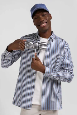 Regular dark blue striped cotton poplin shirt