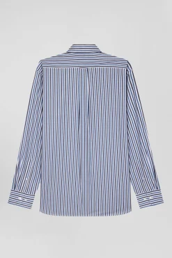 Regular dark blue striped cotton poplin shirt
