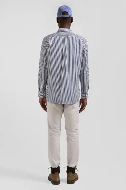 Regular dark blue striped cotton poplin shirt