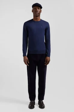 Regular dark blue wool and cotton crew neck jumper
