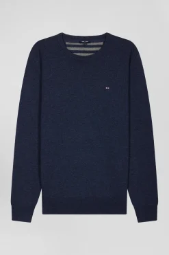 Regular dark blue wool and cotton crew neck jumper