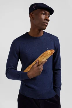 Regular dark blue wool and cotton crew neck jumper