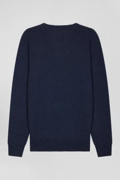 Regular dark blue wool and cotton crew neck jumper