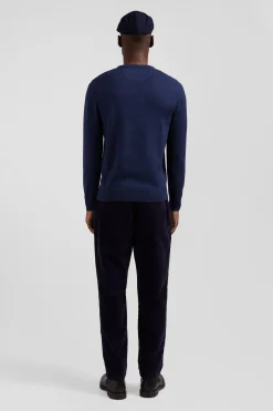 Regular dark blue wool and cotton crew neck jumper