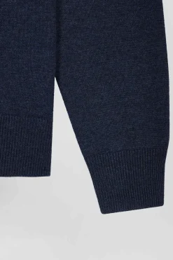 Regular dark blue wool and cotton crew neck jumper