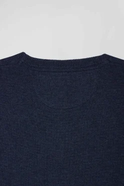 Regular dark blue wool and cotton crew neck jumper