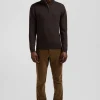 Regular dark brown semi-zipped wool and cotton jumper