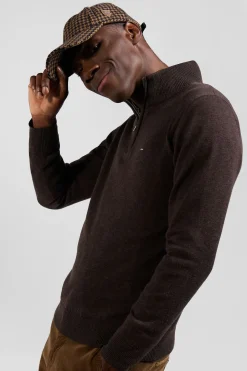 Regular dark brown semi-zipped wool and cotton jumper