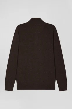 Regular dark brown semi-zipped wool and cotton jumper
