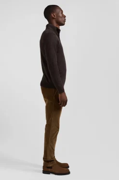 Regular dark brown semi-zipped wool and cotton jumper
