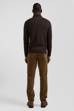 Regular dark brown semi-zipped wool and cotton jumper