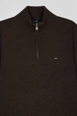 Regular dark brown semi-zipped wool and cotton jumper