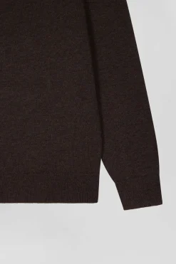 Regular dark brown semi-zipped wool and cotton jumper