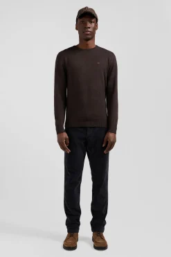 Regular dark brown wool and cotton crew neck jumper