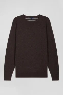Regular dark brown wool and cotton crew neck jumper