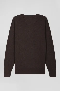 Regular dark brown wool and cotton crew neck jumper