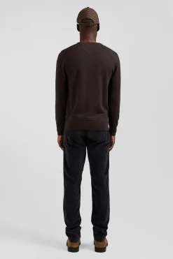 Regular dark brown wool and cotton crew neck jumper