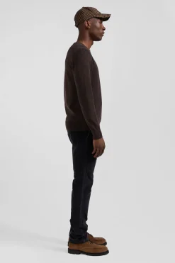 Regular dark brown wool and cotton crew neck jumper