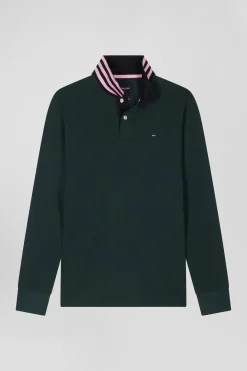 Regular dark green long-sleeved cotton piqué polo shirt