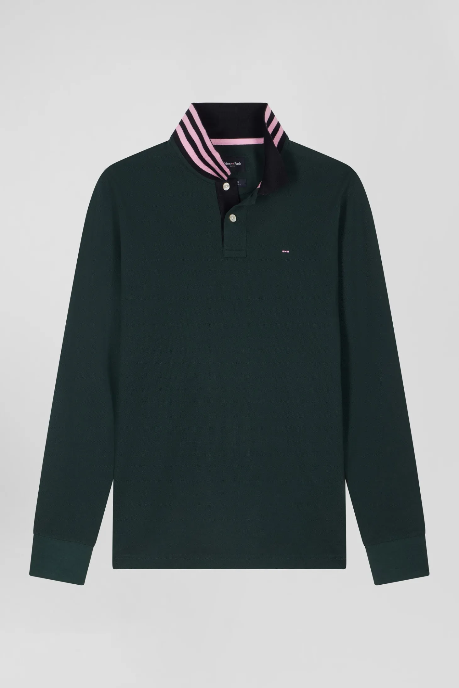 Regular dark green long-sleeved cotton piqué polo shirt