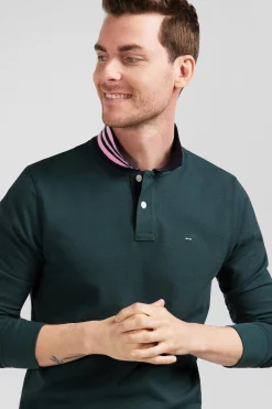 Regular dark green long-sleeved cotton piqué polo shirt