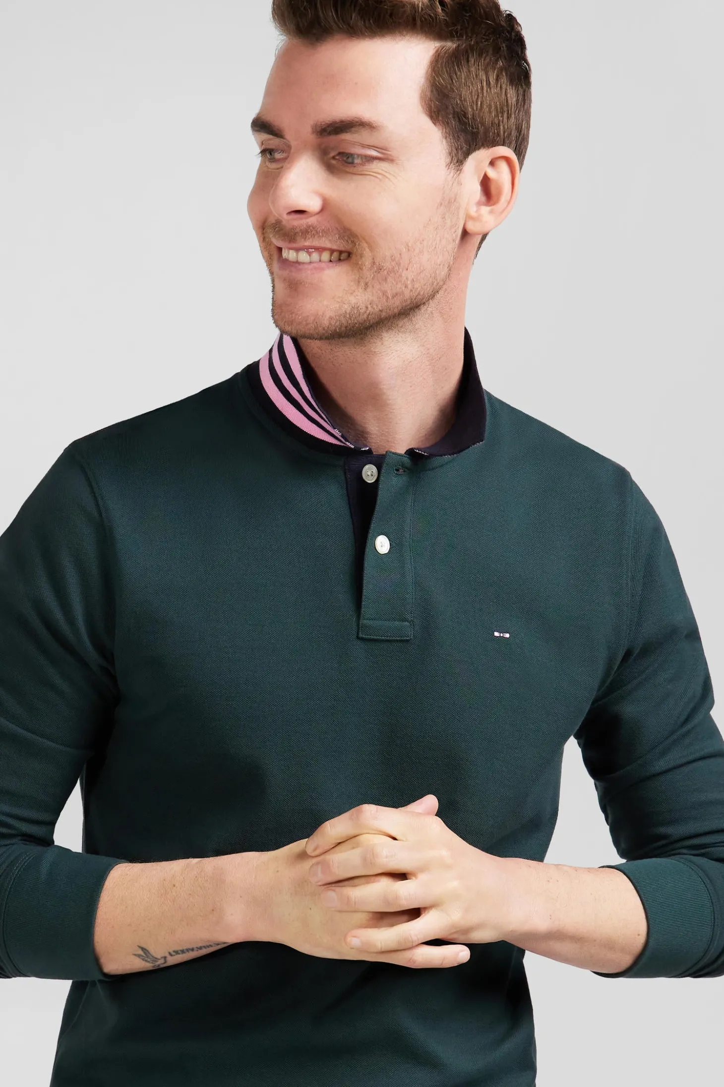 Regular dark green long-sleeved cotton piqué polo shirt