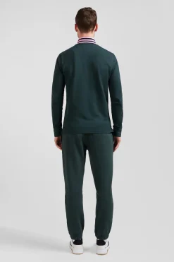 Regular dark green long-sleeved cotton piqué polo shirt