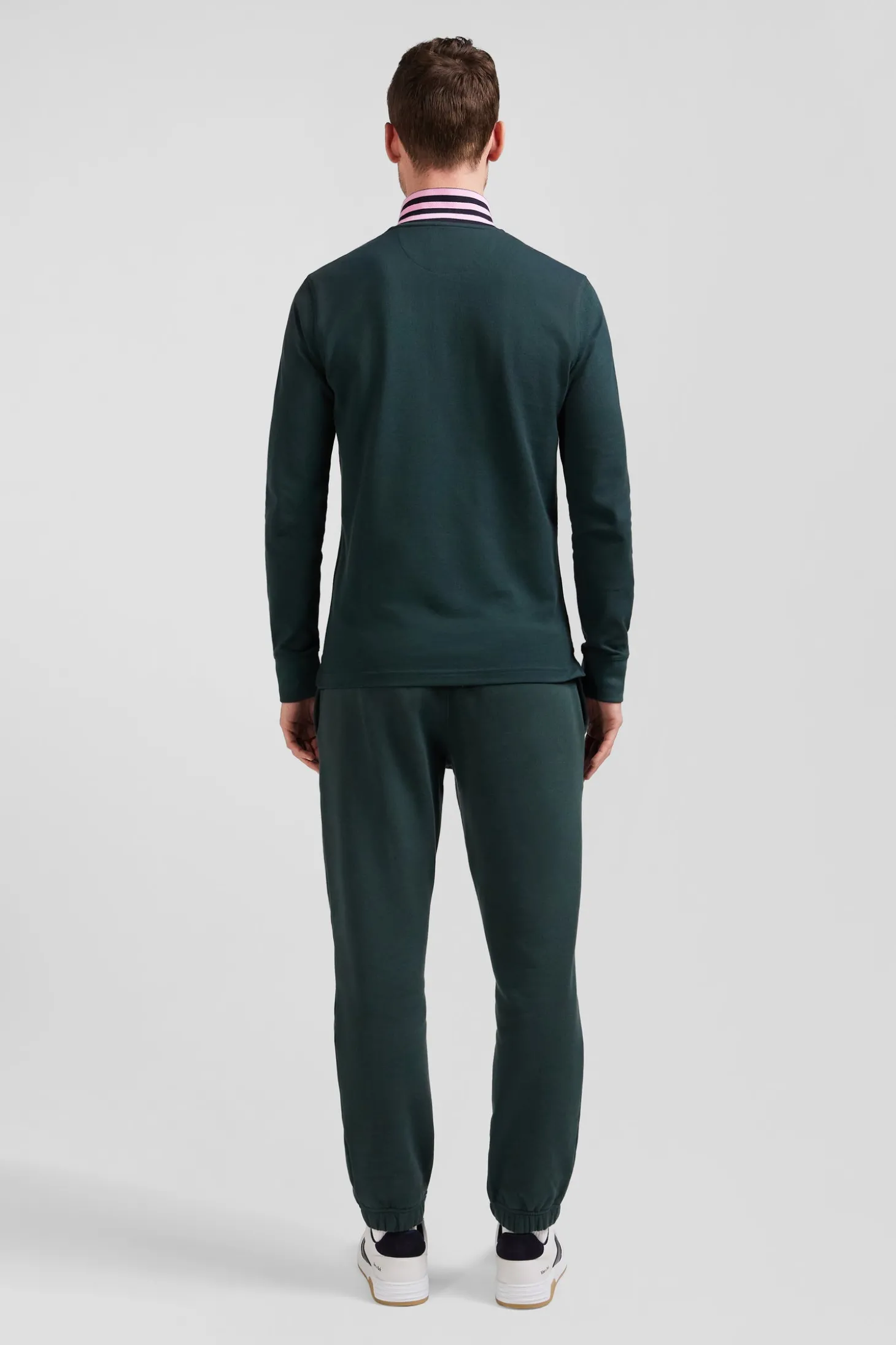 Regular dark green long-sleeved cotton piqué polo shirt