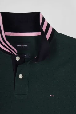 Regular dark green long-sleeved cotton piqué polo shirt