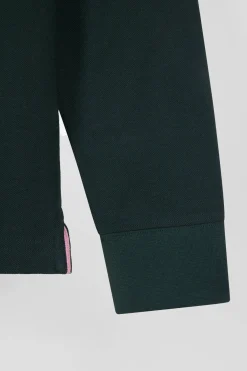 Regular dark green long-sleeved cotton piqué polo shirt