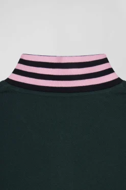 Regular dark green long-sleeved cotton piqué polo shirt